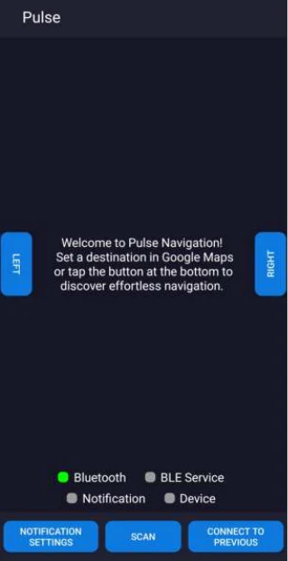 The Pulse Android app home screen with left and right test buttons and status lights for Bluetooth, BLE service, notification access and device