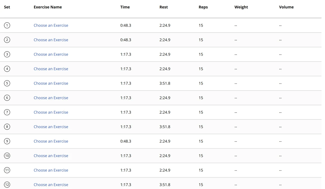 A Garmin Connect set table where every row reads Choose an Exercise, with times, rest and reps filled in but no weight or volume