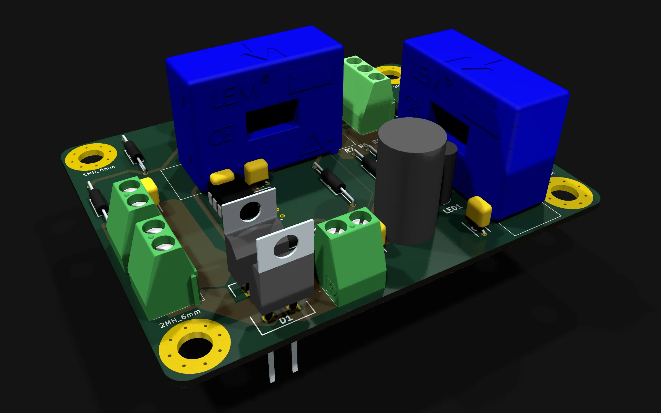 3D render of the boost converter board: two blue LA 55-P current sensors, two TO-220 packages, a large output capacitor and green screw terminals on a dark green board