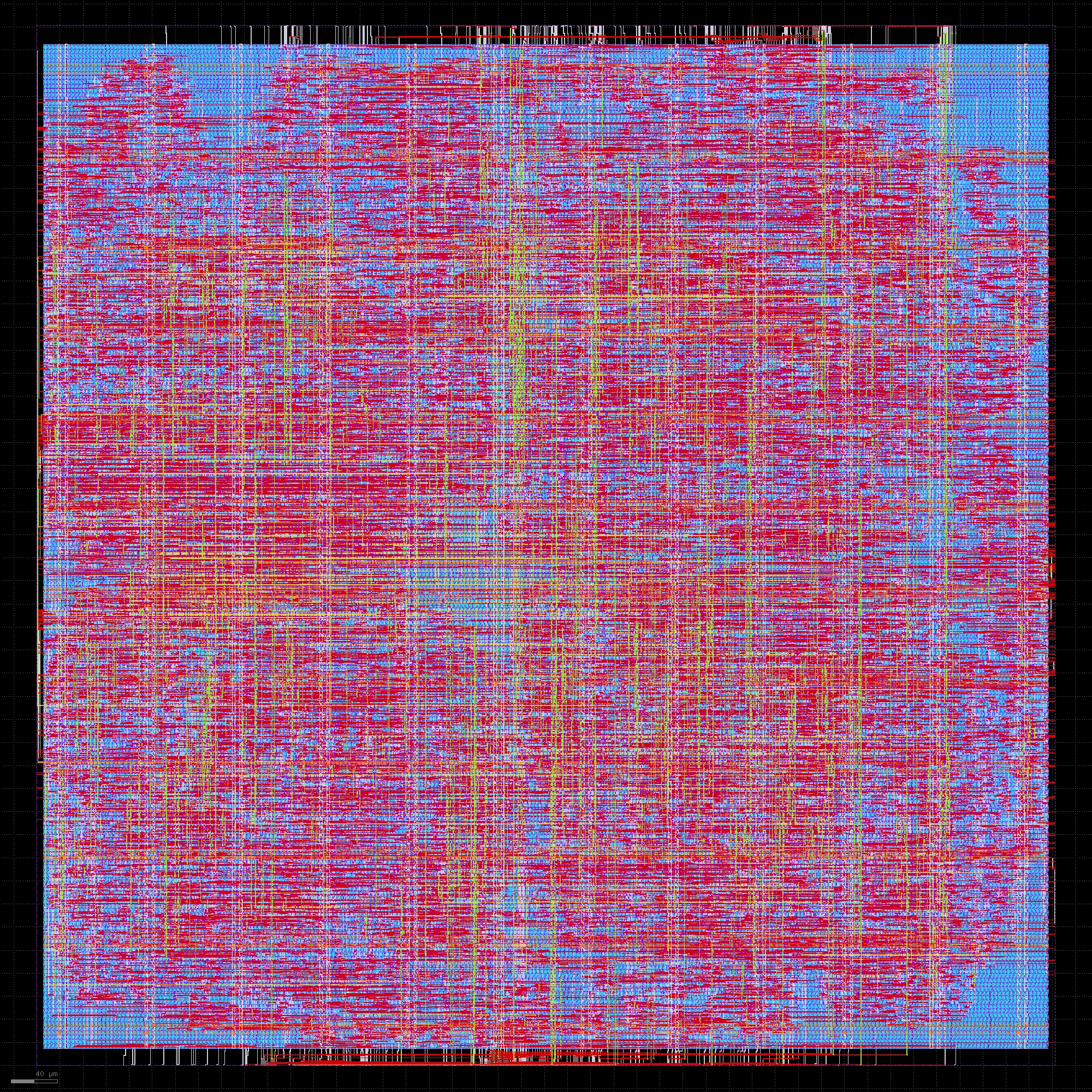 KLayout render of the routed Booth radix-4 engine on black, a dense mat of red and blue routing layers with yellow power straps