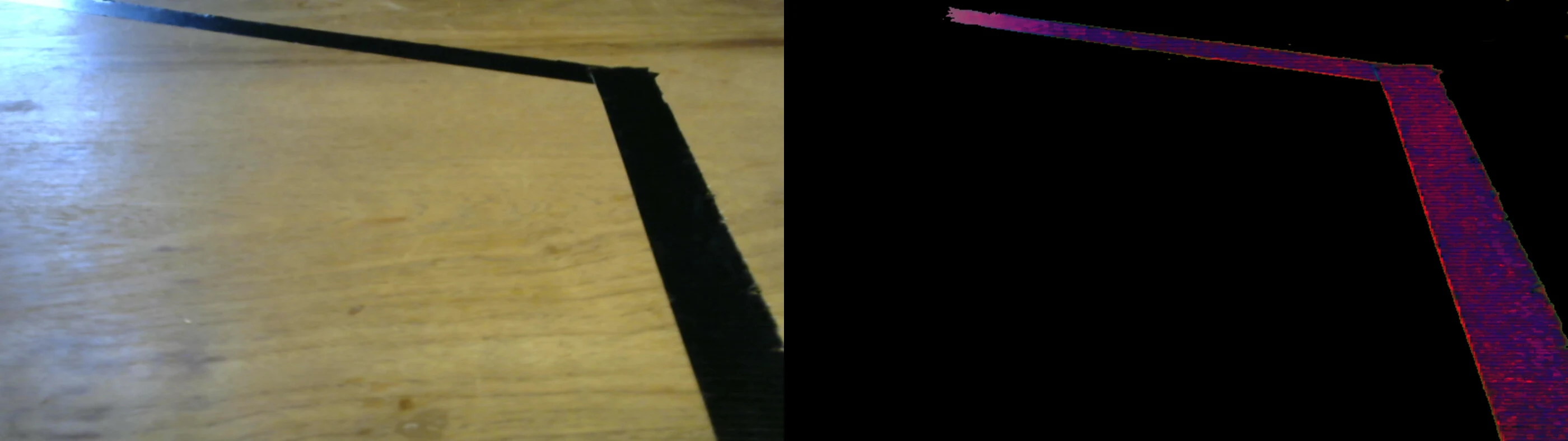 Camera frame of black tape on a wooden floor next to the thresholded image in which only the tape remains