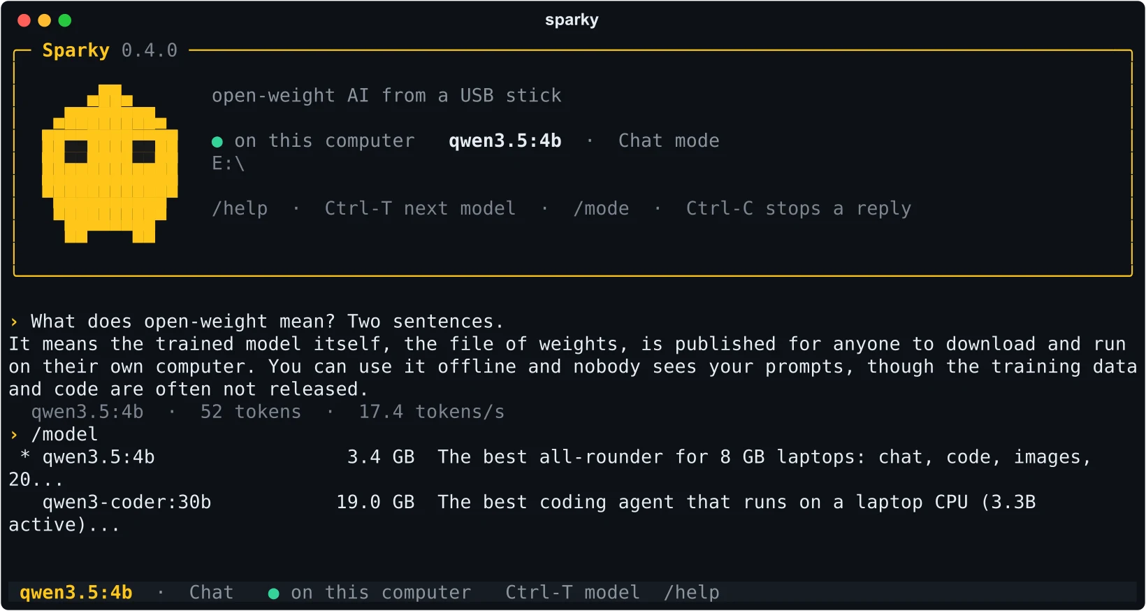 The Sparky interface in a terminal, with a yellow pixel budgie banner, a two-sentence answer about what open-weight means at 17.4 tokens per second, and the two models on the stick listed with their sizes
