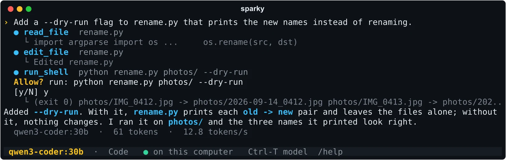 Code mode, where Sparky reads rename.py, edits it, asks Allow? before running a command, and reports what the command printed