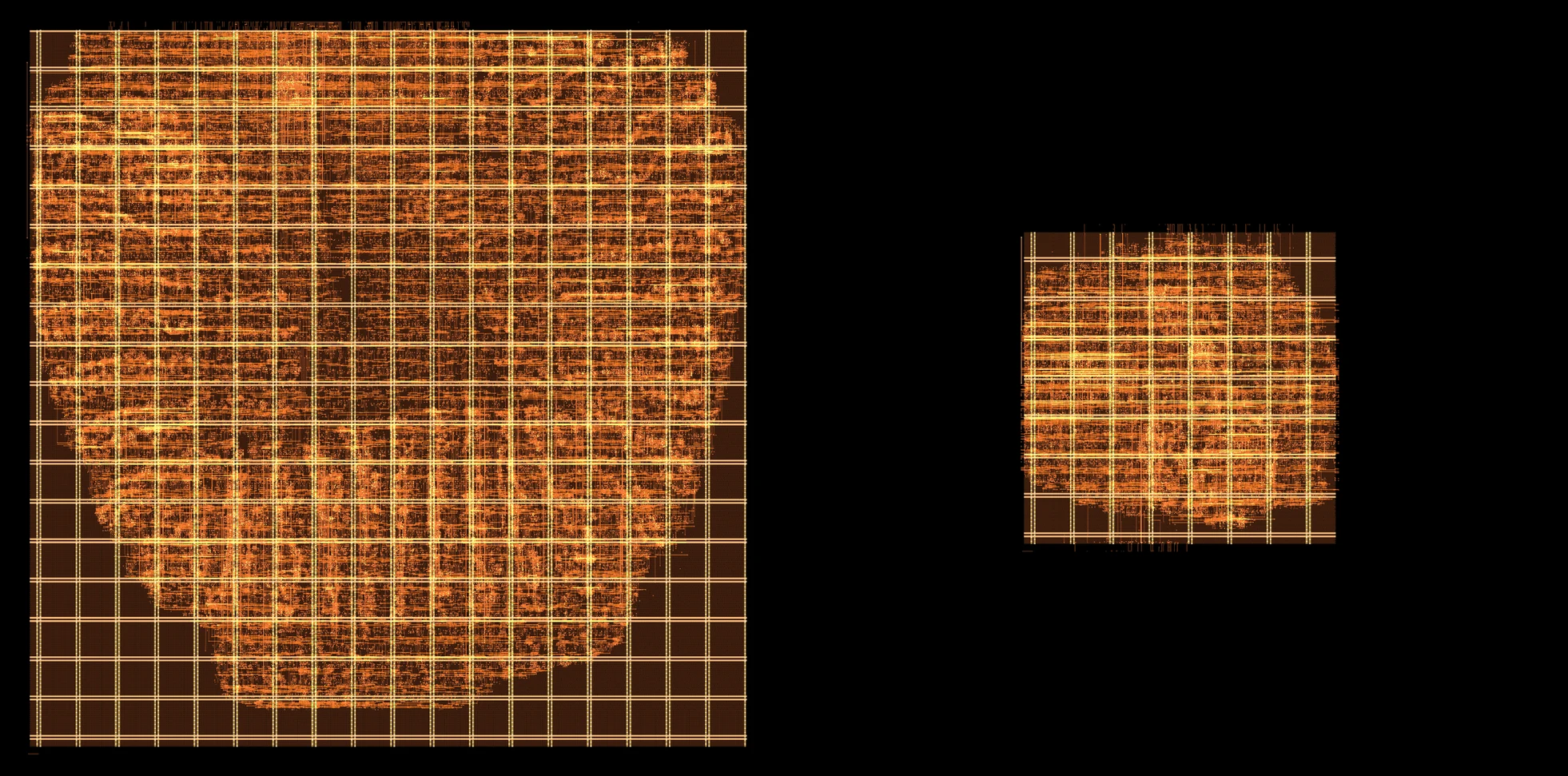 Two routed CORDIC dies side by side at the same scale, the pipelined die on the left roughly five times the area of the folded die on the right