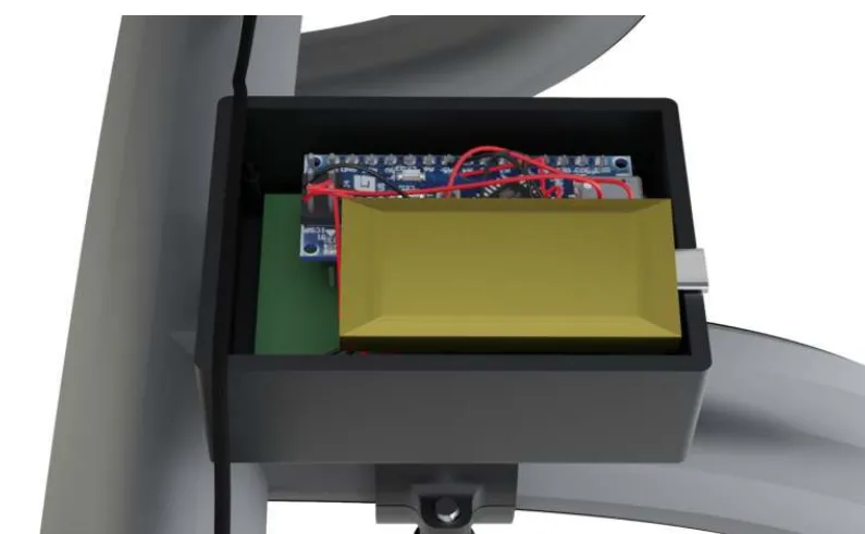 Render of the Arduino Nano ESP32 and LiPo battery arranged inside the 3D-printed enclosure