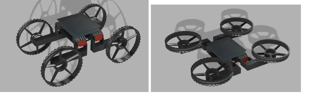 Two renders of the same robot: on the left the four wheels stand upright for driving, on the right they lie flat around the body like rotor guards on a quadcopter