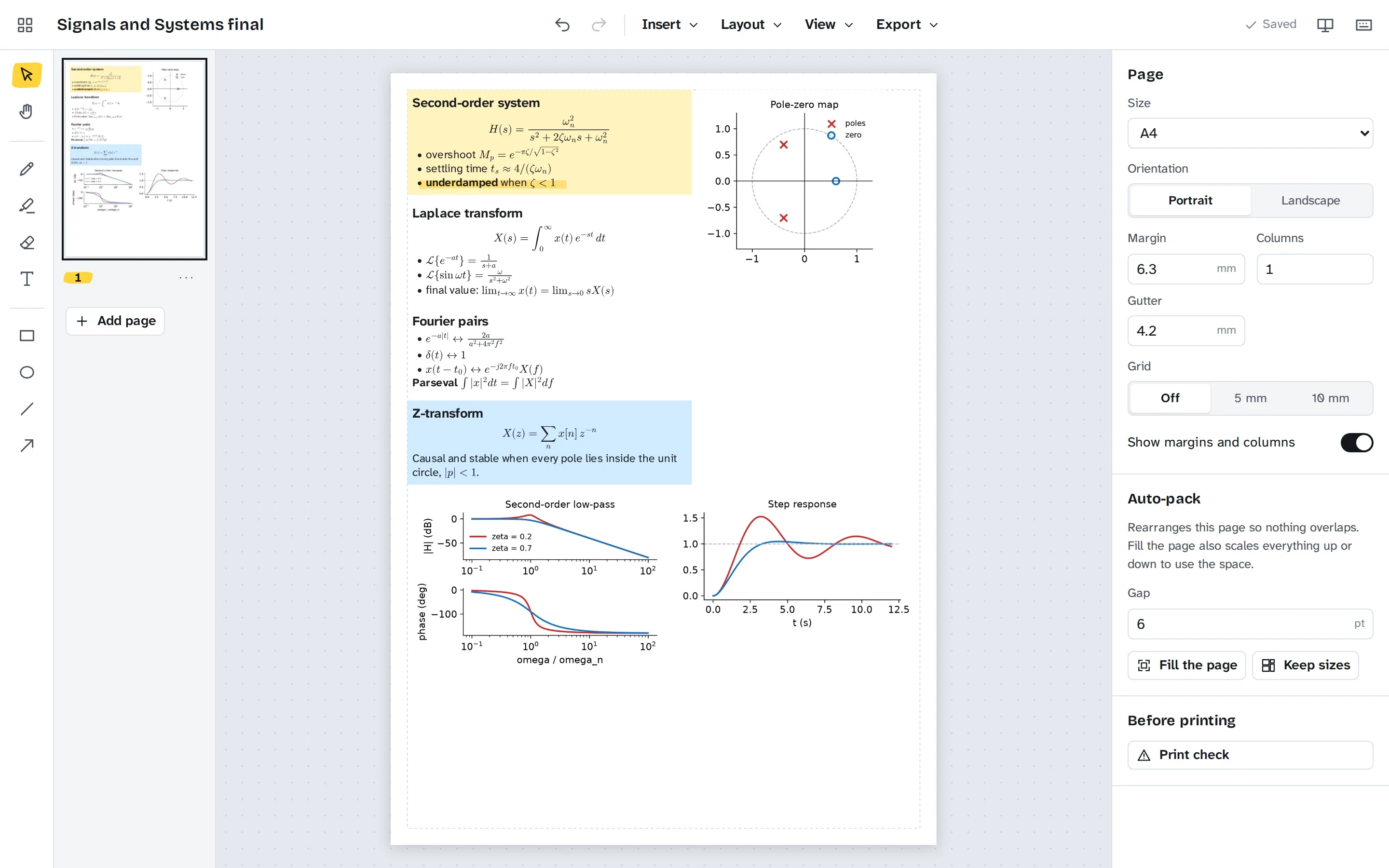 The Cheatsheet Maker editor with a Signals and Systems sheet on an A4 page, holding typeset formulas for second-order systems, Laplace and Fourier transforms and the Z-transform, a pole-zero map, a Bode plot and a step response, with page settings and auto-pack on the right