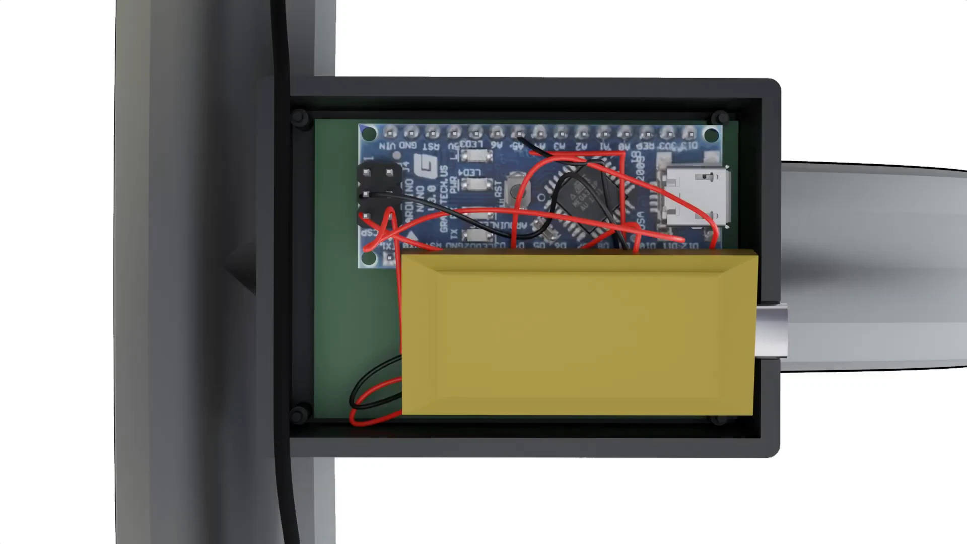 Render looking into the open case: a Nano-format microcontroller board and a flat LiPo pack wired together inside