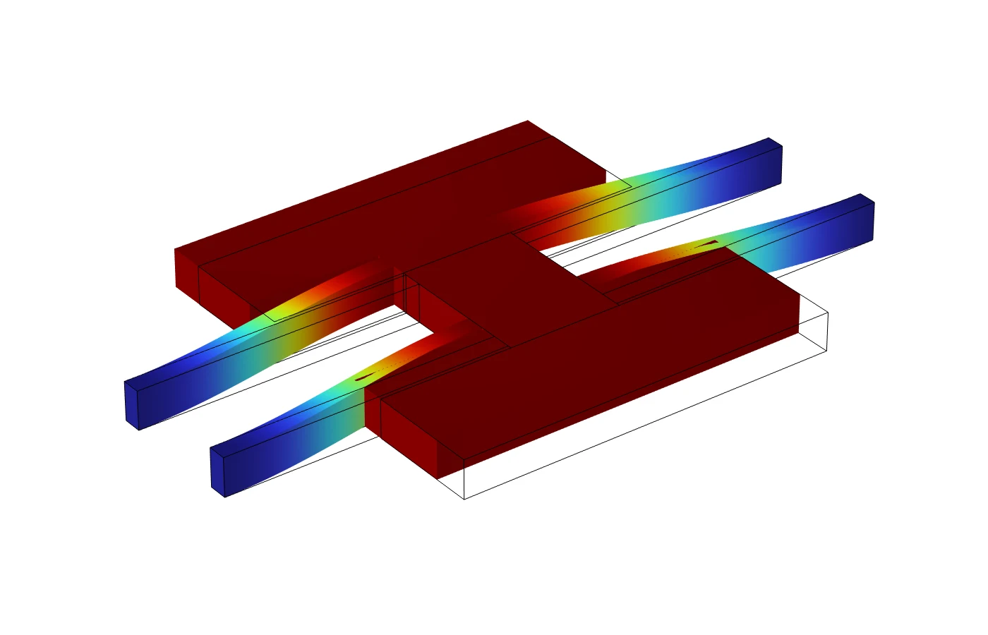 3D COMSOL render of the shuttle's fundamental mode: two dark red plates joined by a spine, with four suspension beams bending in an S shape, coloured from blue at the anchors to red at the shuttle