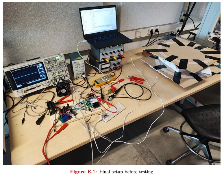 Bench setup with both converter boards, an oscilloscope and the two coils separated across the air gap