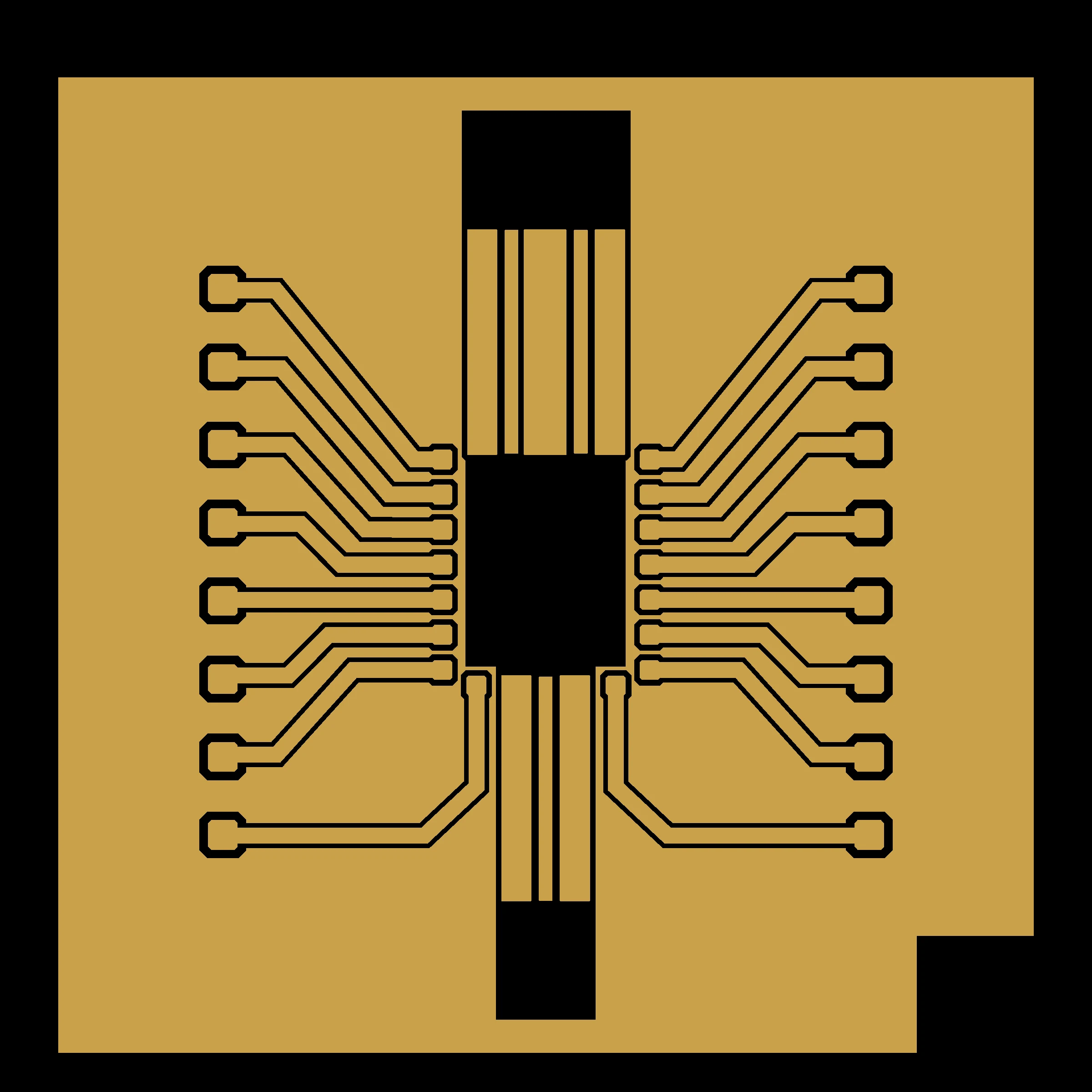 Render of the interposer layout: gold metal with black isolation gaps outlining fan-out traces, pads, and ground-signal-ground lines above and below a central die window