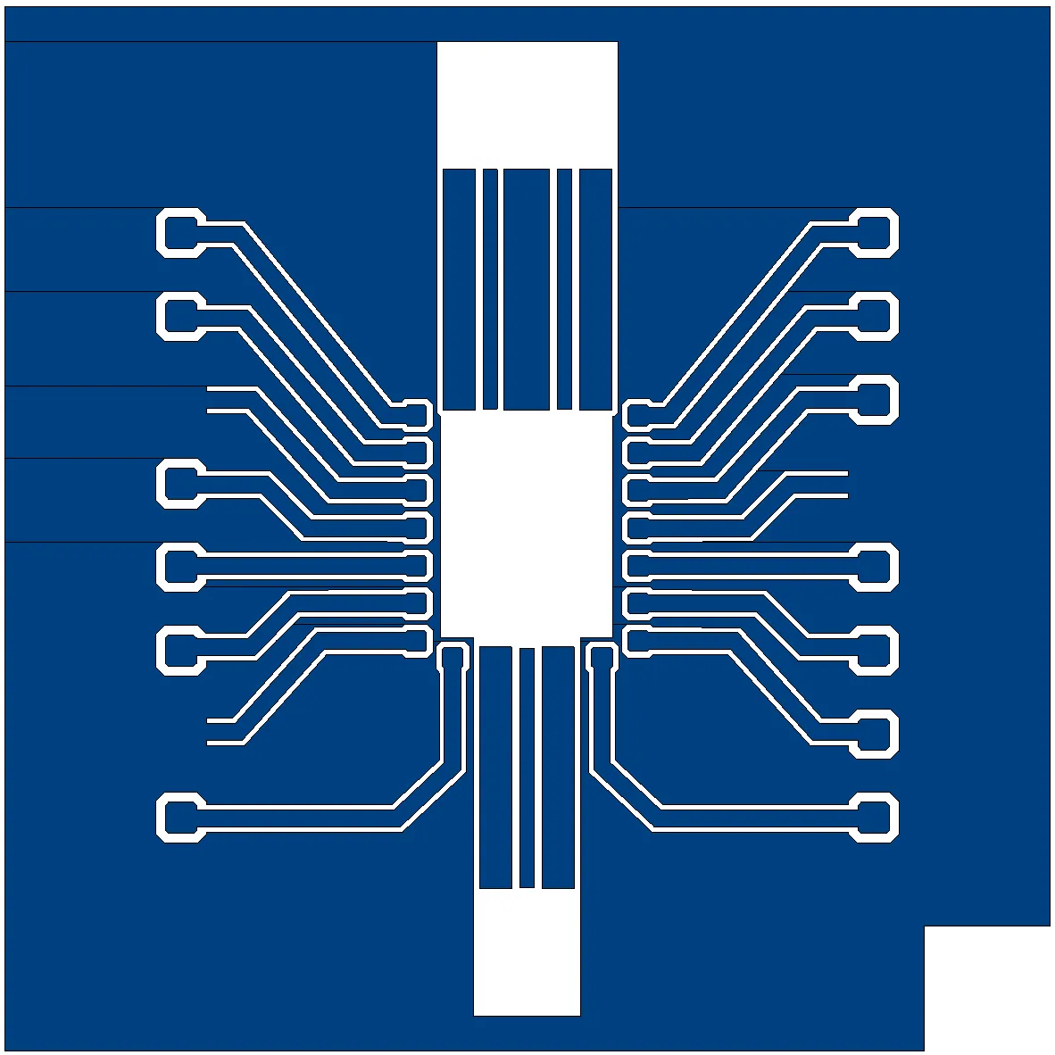 KLayout mask drawing of the ground-signal-ground coplanar waveguide interposer with de-embedding structures
