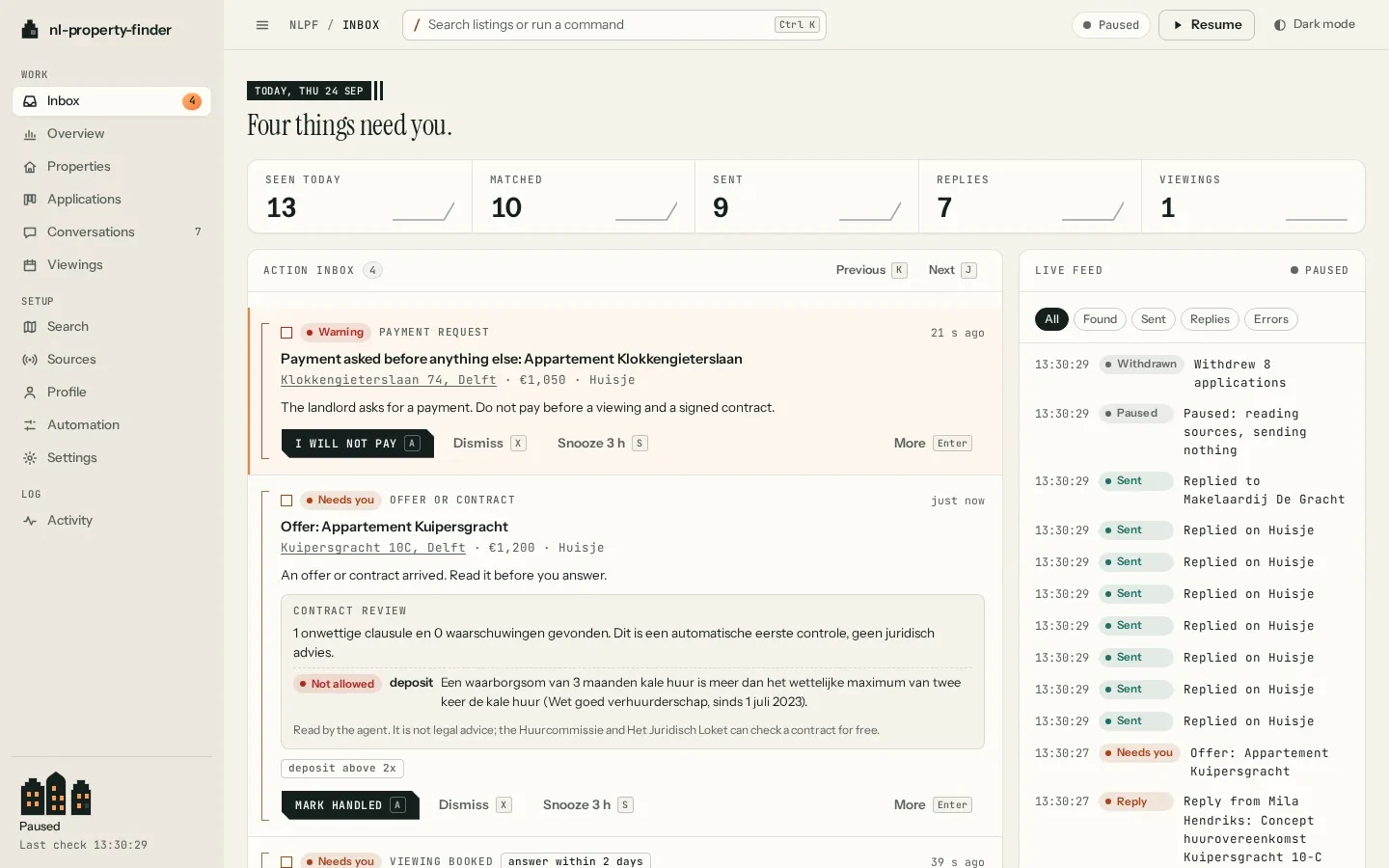 The dashboard's action inbox, with a payment request flagged as a warning, an offer with an automatic contract review, and a live feed of the agent's actions