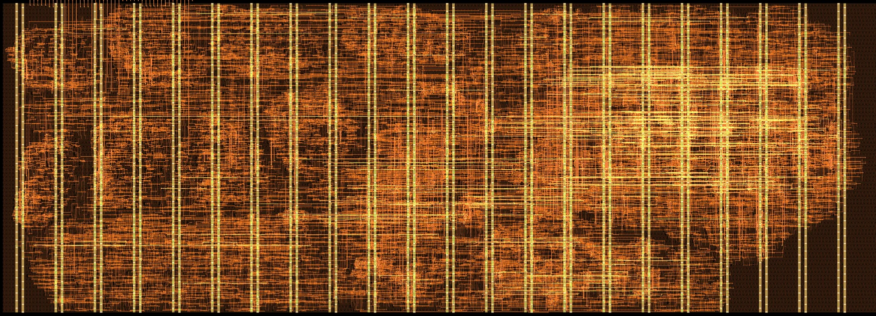 Wide view of the routed INT8 NPU logic on a 6x2 tile, orange routing under a row of vertical power straps
