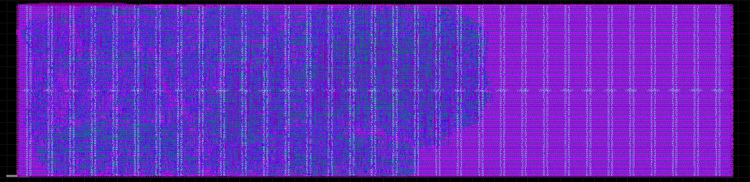 Wide routed die strip of the INT8 systolic MAC array on a 6x2 Tiny Tapeout tile