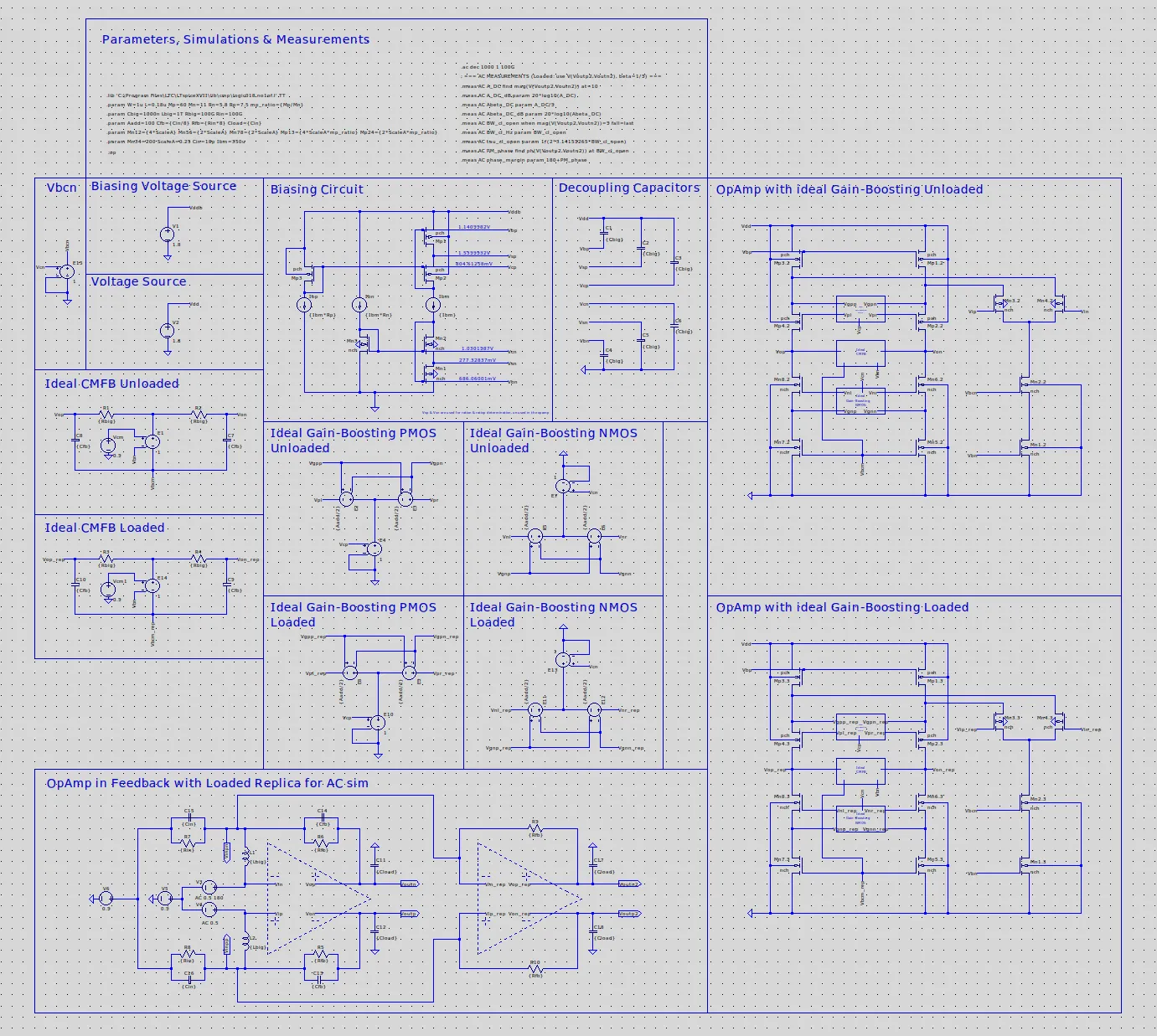 LTspice schematic of the full amplifier testbench with bias generator, common-mode feedback and loaded and unloaded instances