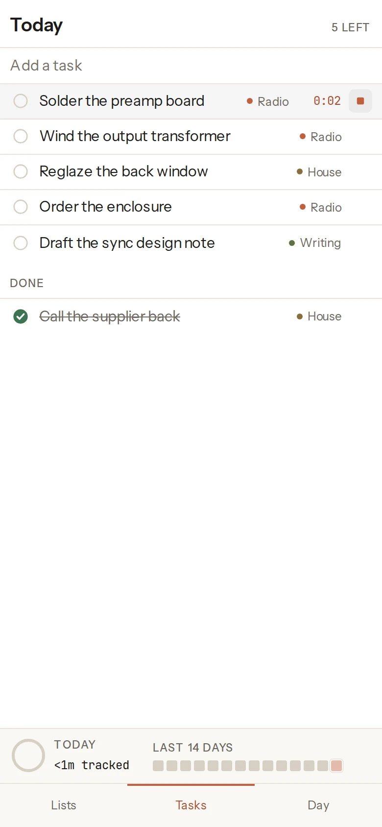 The same app on an Android phone, showing today's task list, a running timer and a fourteen-day consistency strip