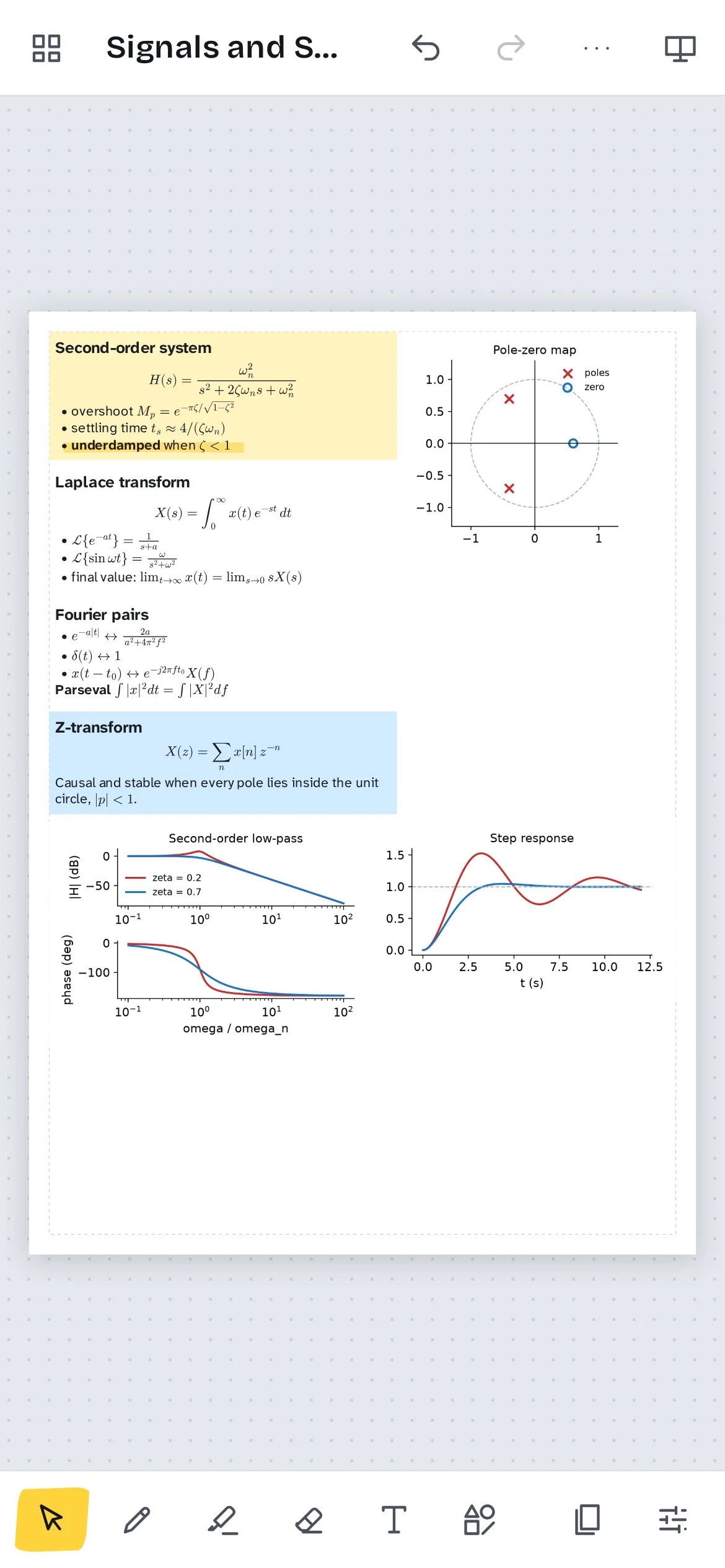 The same sheet on a phone, with the page filling the screen and the select, pen, highlighter, eraser, text and shape tools along the bottom