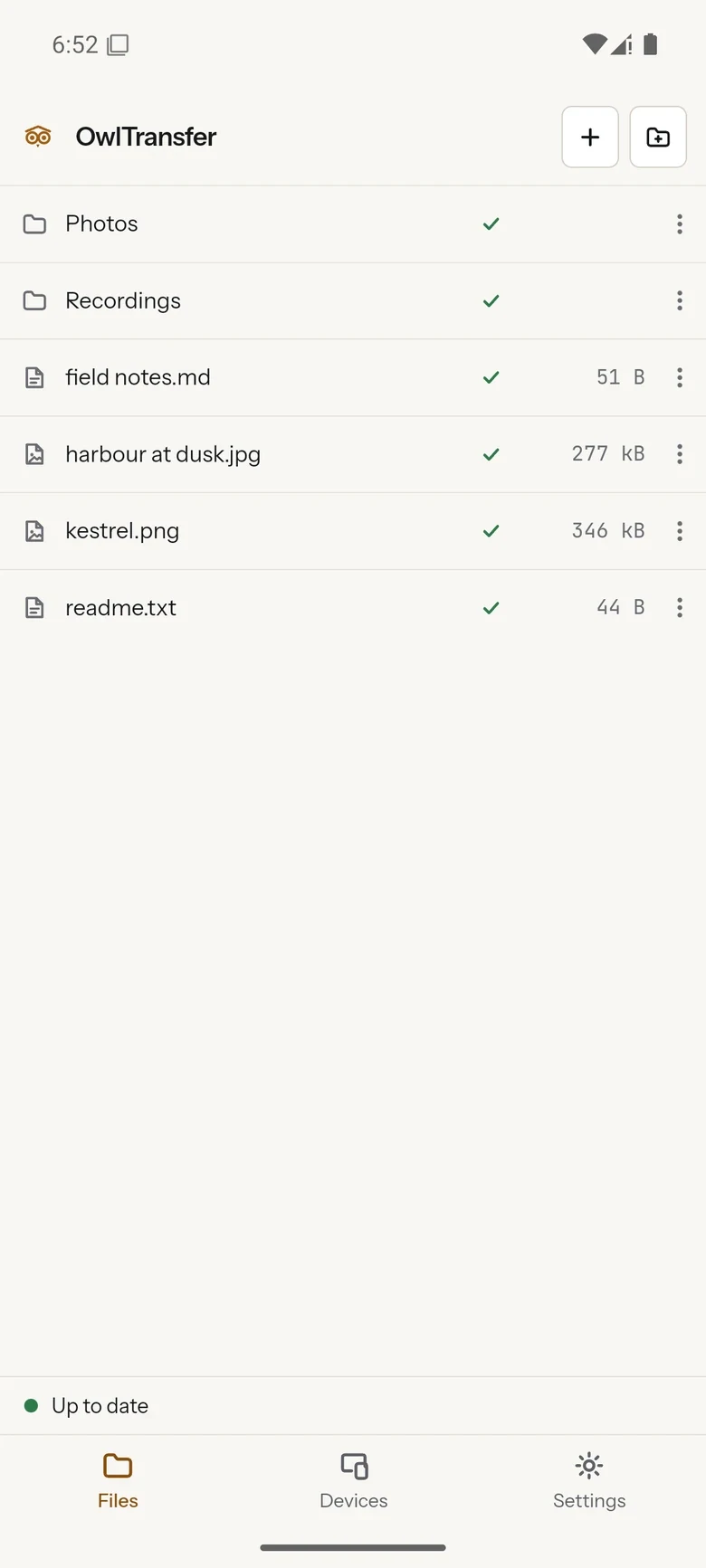 The same folder on an Android phone, with a file list, a sync badge and size beside every name, and an Up to date status strip