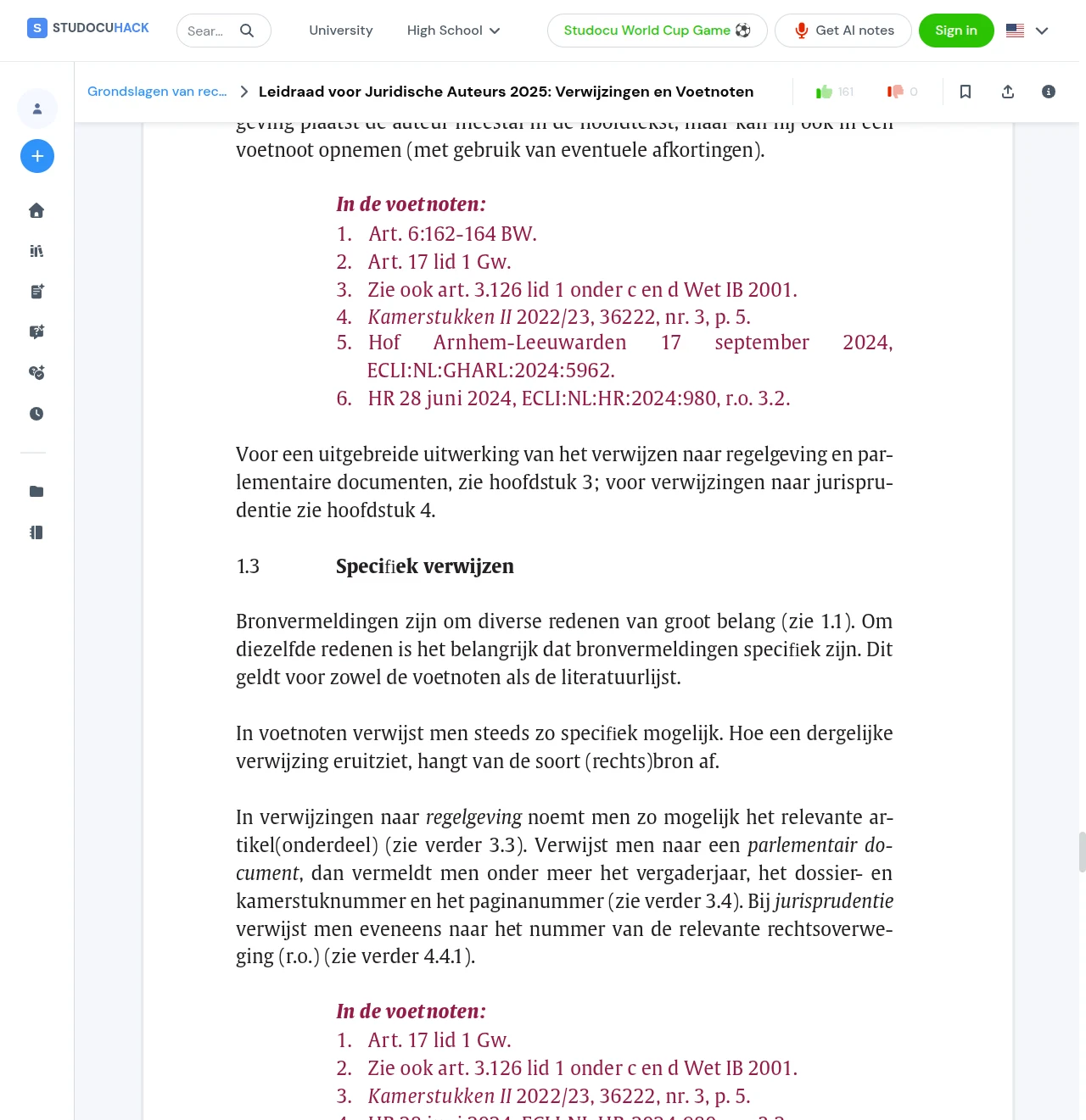 A page of a premium Dutch document on footnote citations, shown sharp with no blur and no premium banner, under a header whose logo reads StudocuHack