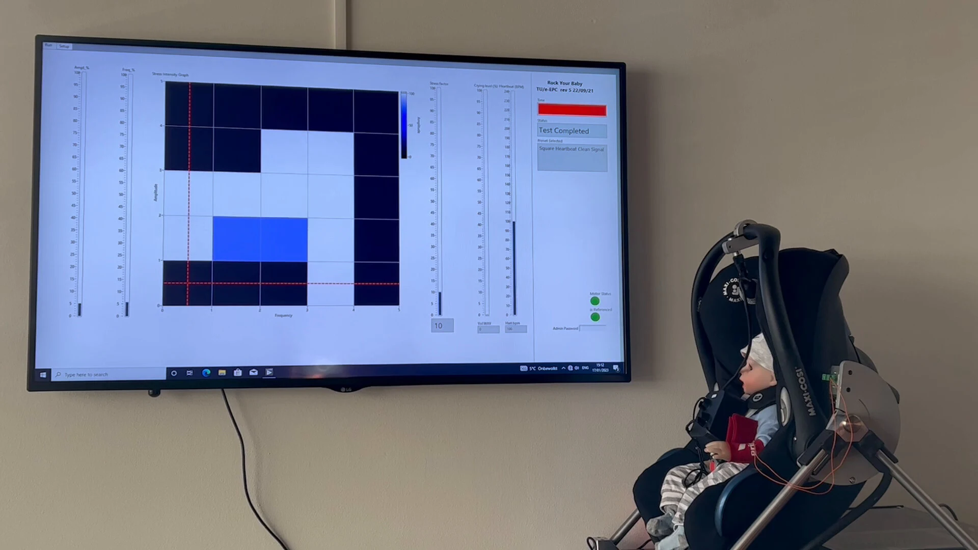 A wall screen showing a 5 by 5 stress grid over rocking frequency and amplitude with a red crosshair and the status Test Completed, next to a baby doll in a rocking car-seat cradle