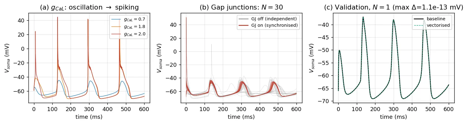 Panels of soma-trace amplitude, spike count and dominant frequency across the network parameter sweep