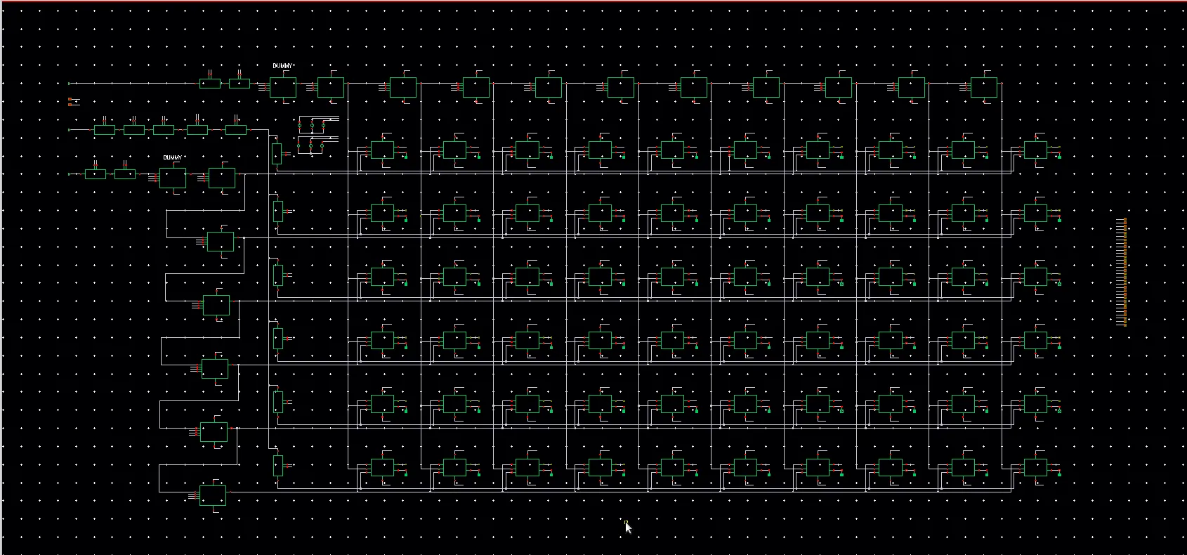 Cadence Virtuoso schematic of a 10 by 10 grid of NAND SR-latch arbiters fed by two Vernier delay lines