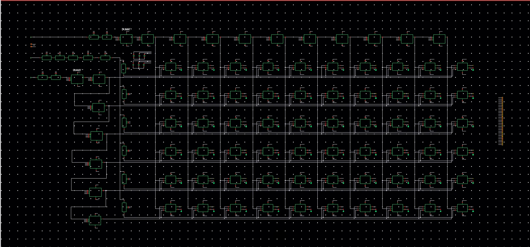 Cadence Virtuoso schematic of the TDC core on a black canvas: two delay lines feeding a 10 by 6 grid of SR-latch arbiters