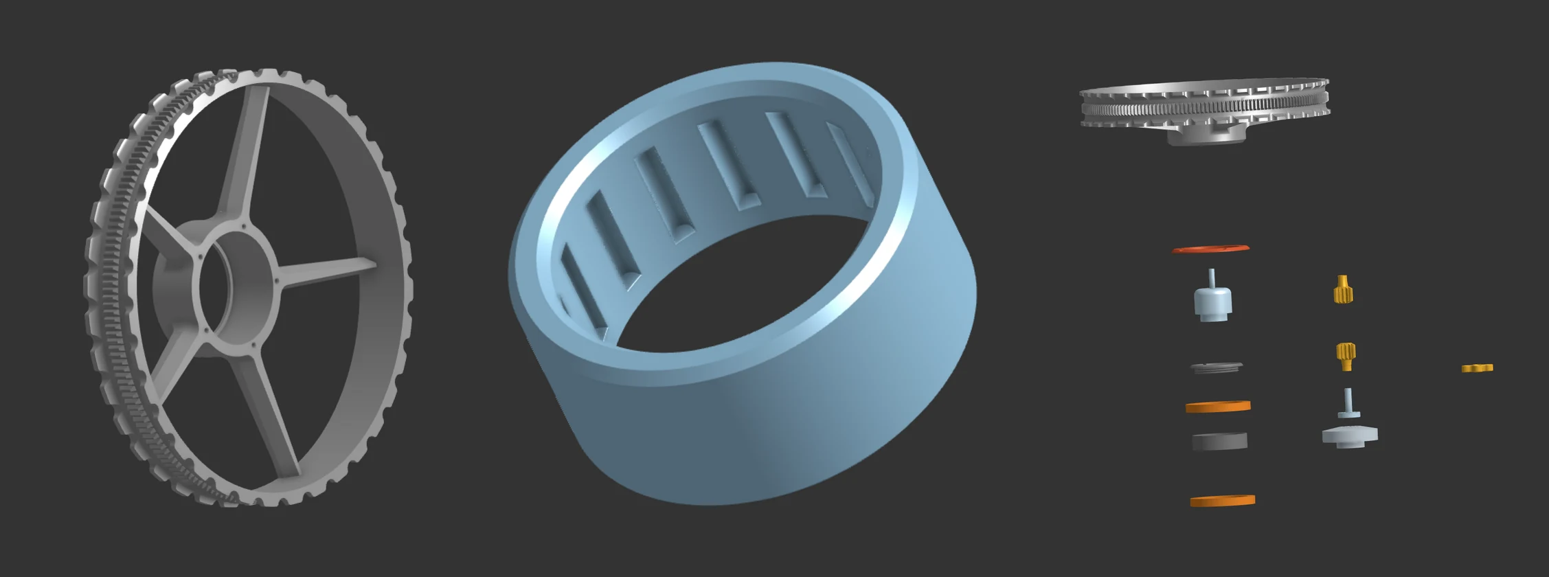 Three CAD renders on dark grey: a five-spoke wheel with a toothed rim, a pale blue bearing cage with slots for rollers, and an exploded stack of the hub and gear parts