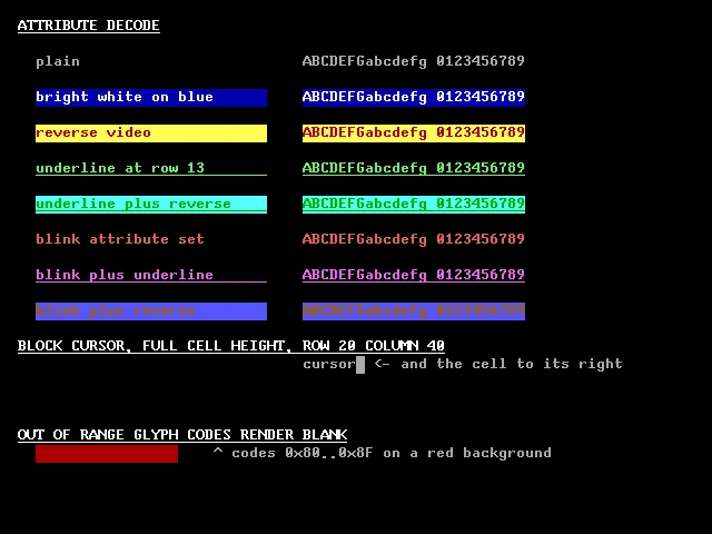 A 640x480 text-mode screen showing reverse video, underline and blinking text across sixteen foreground and background colour pairs