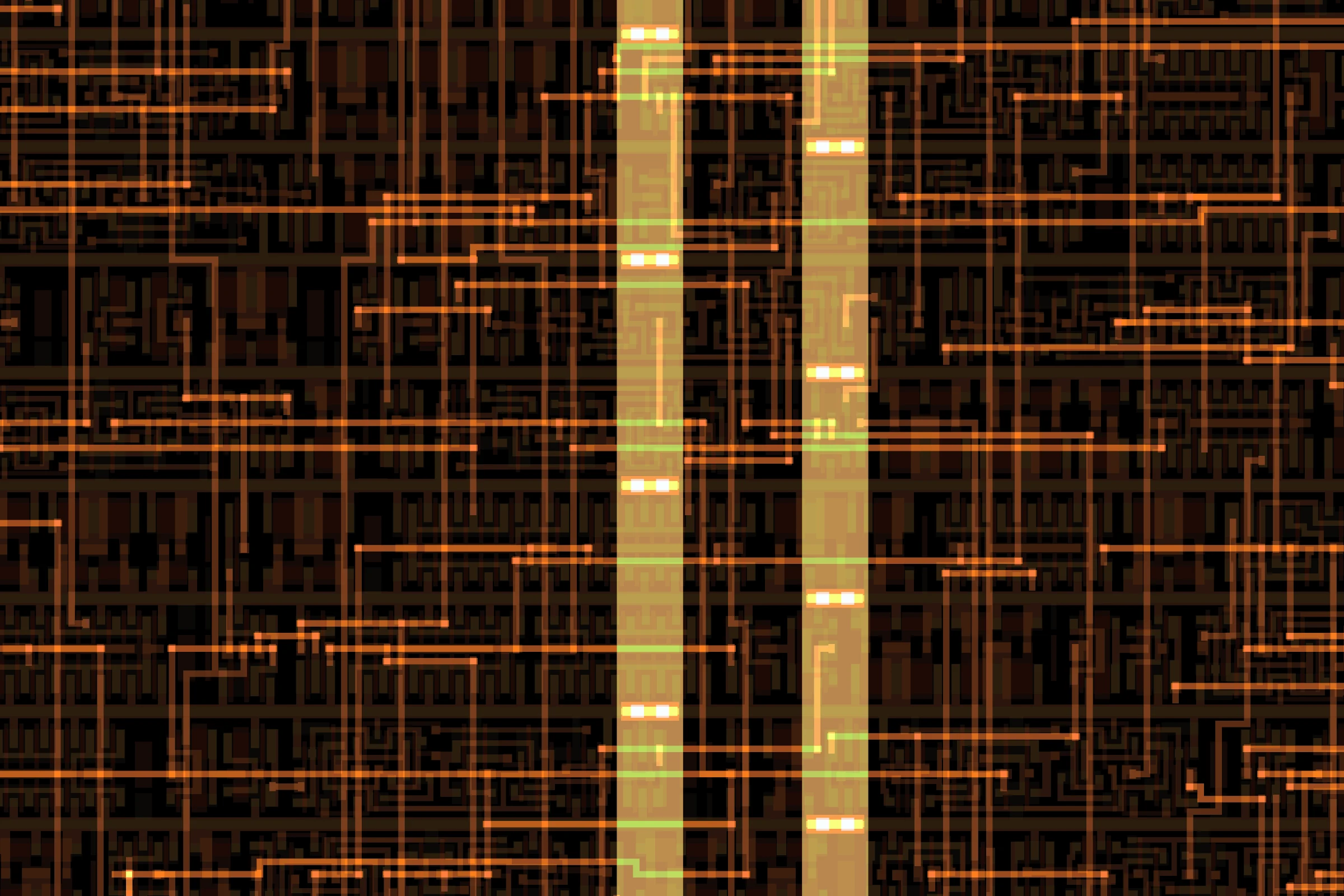 Close-up of the routed VGA core showing standard-cell rows, orange signal wires and two vertical power straps with via stacks