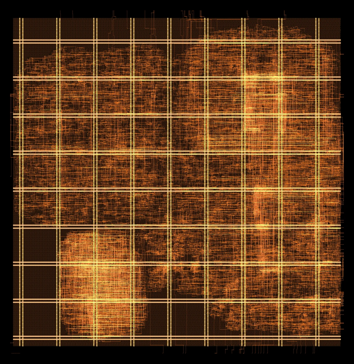 Top view of the routed VGA controller die in copper tones, a grid of pale-gold power straps over dense orange signal routing with brighter clusters where routing congests