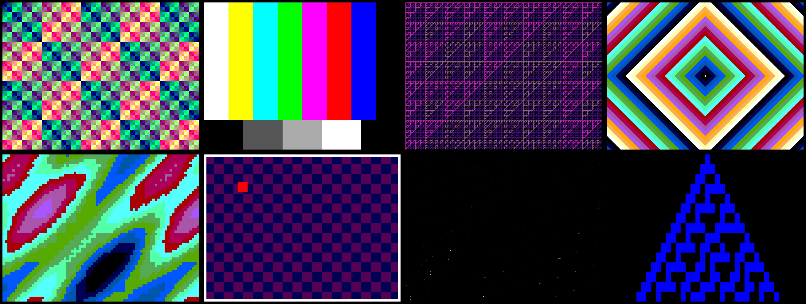 Grid of eight VGA test patterns: an XOR field, colour bars, a Sierpinski fractal, a diamond ripple, plasma, a bouncing box, a starfield and a Rule 30 automaton