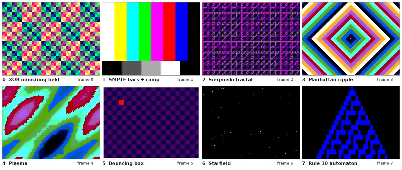 Grid of six VGA test patterns captured from RTL simulation
