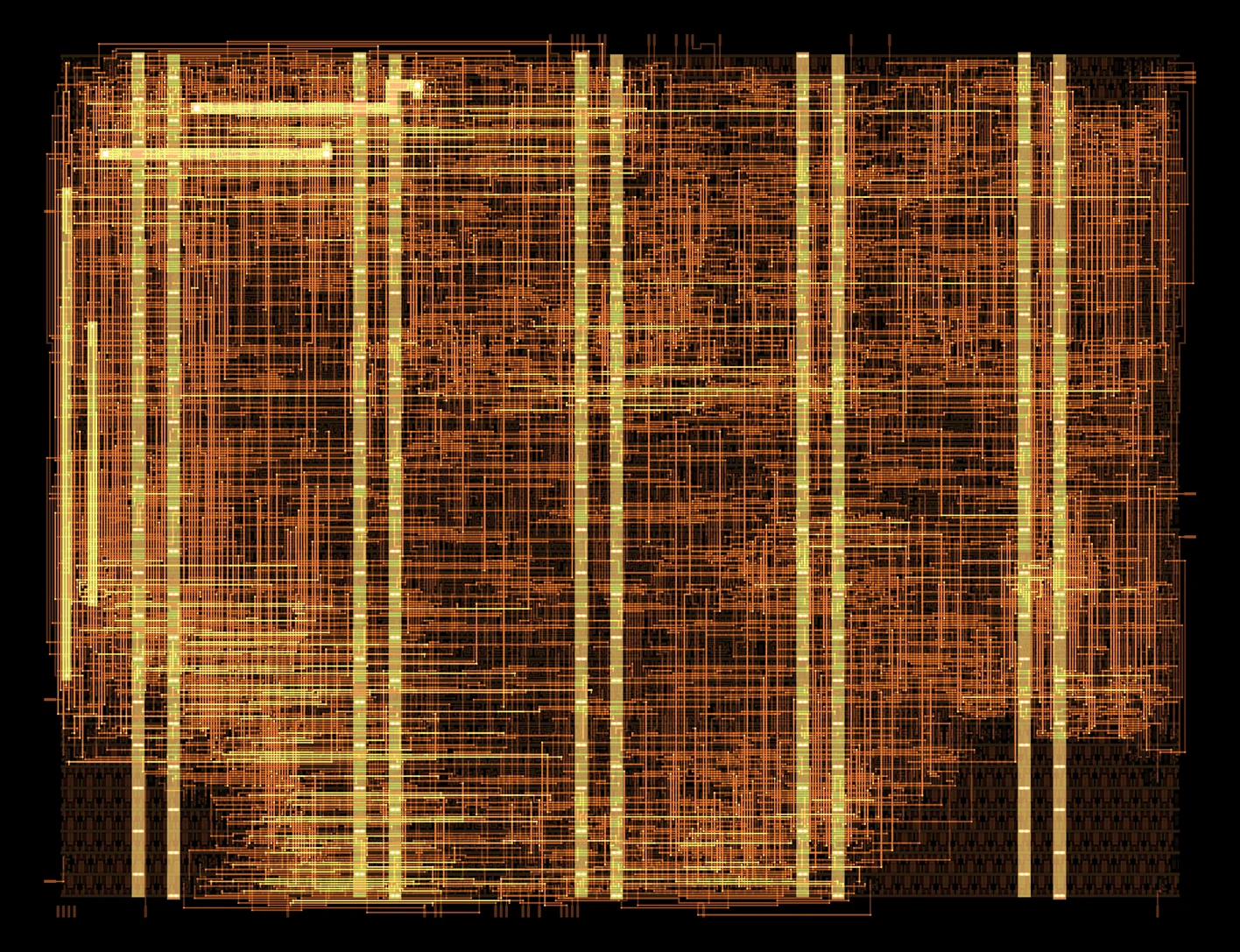 Top view of the routed 1x1 VGA and TRNG tile in copper tones, dense orange routing over packed standard cells with five pairs of vertical power straps