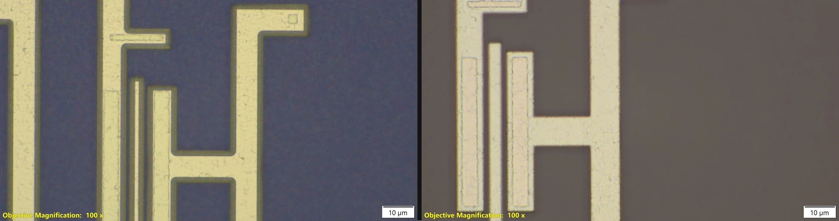 Two micrographs side by side at 100x: wet-etched aluminium lines with ragged, undercut edges on blue oxide, and dry-etched lines with straight edges on brown oxide
