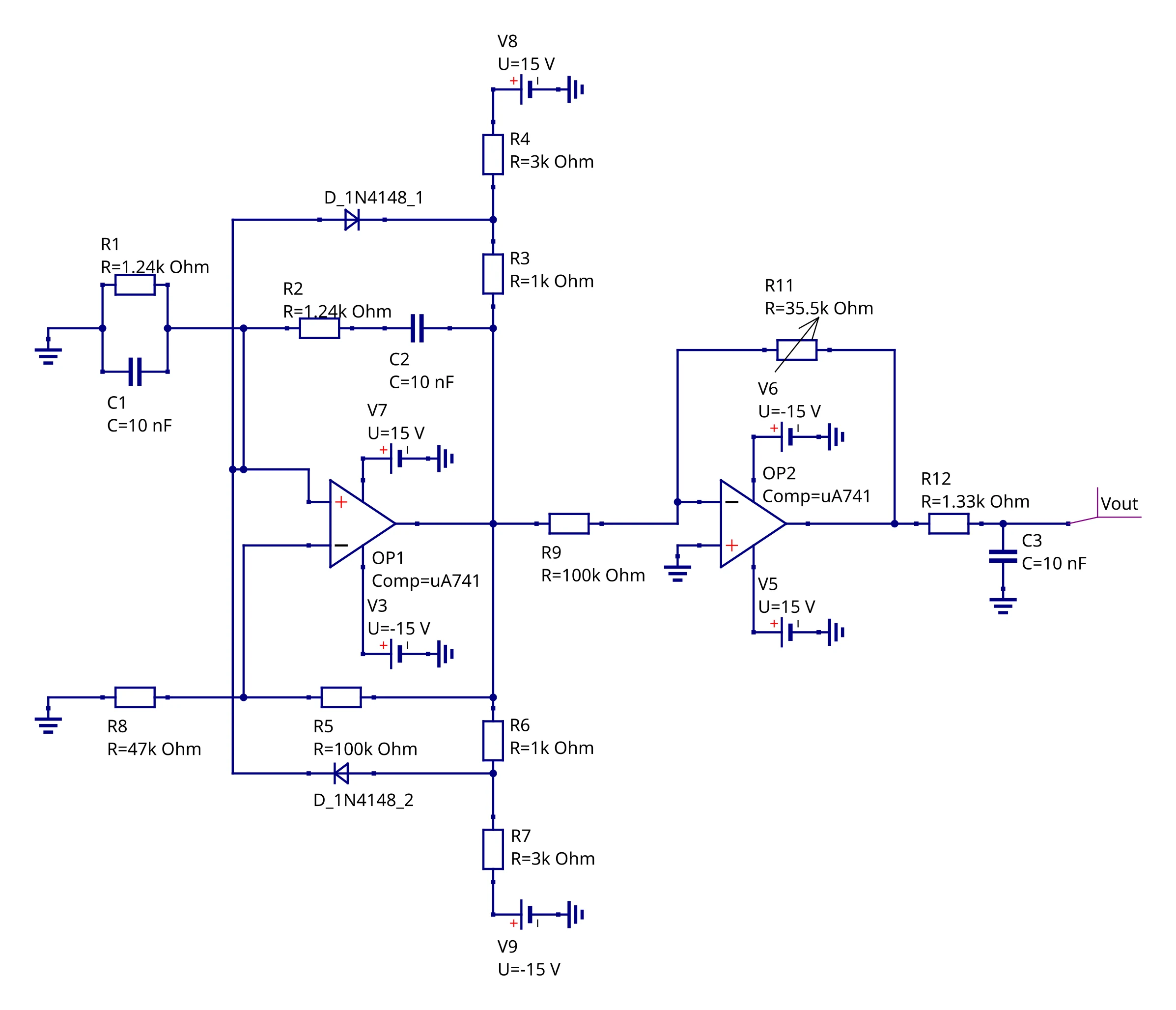 Schematic of the Wien-bridge oscillator: a uA741 with the RC network and diode limiter, a second uA741 inverting output stage with a variable feedback resistor, and an RC low-pass at the output
